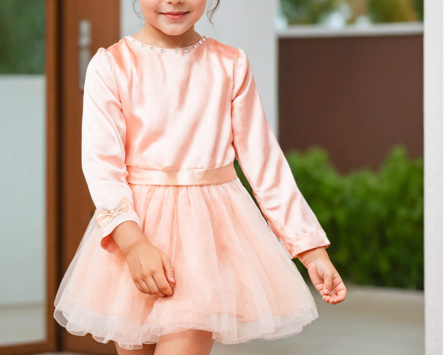 Front view of Girls Long Sleeve Princess Tulle Party Dress.