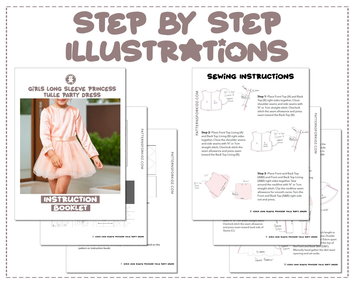 Girls Long Sleeve Princess Tulle Party Dress sewing pattern step by step illustrations.