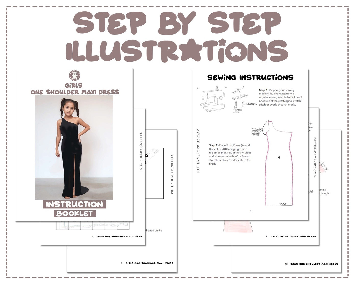 Girls One Shoulder Maxi Dress sewing pattern step by step illustrations.
