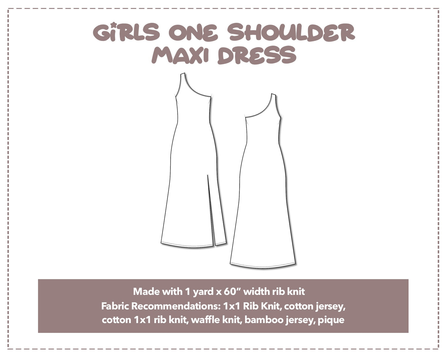 Illustration and detailed description for Girls One Shoulder Maxi Dress sewing pattern.