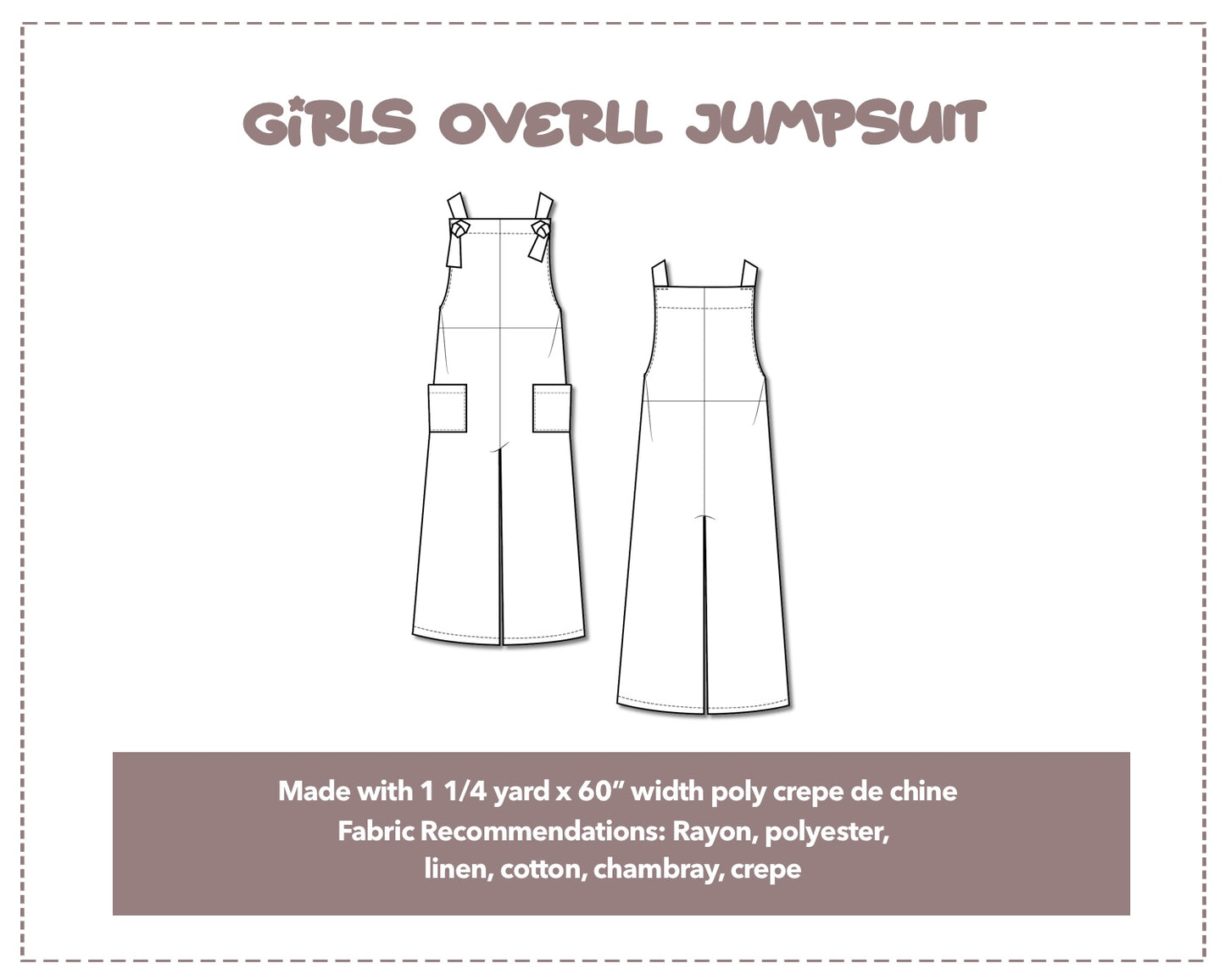 Illustration and detailed description for Girls Overall Jumpsuit sewing pattern.