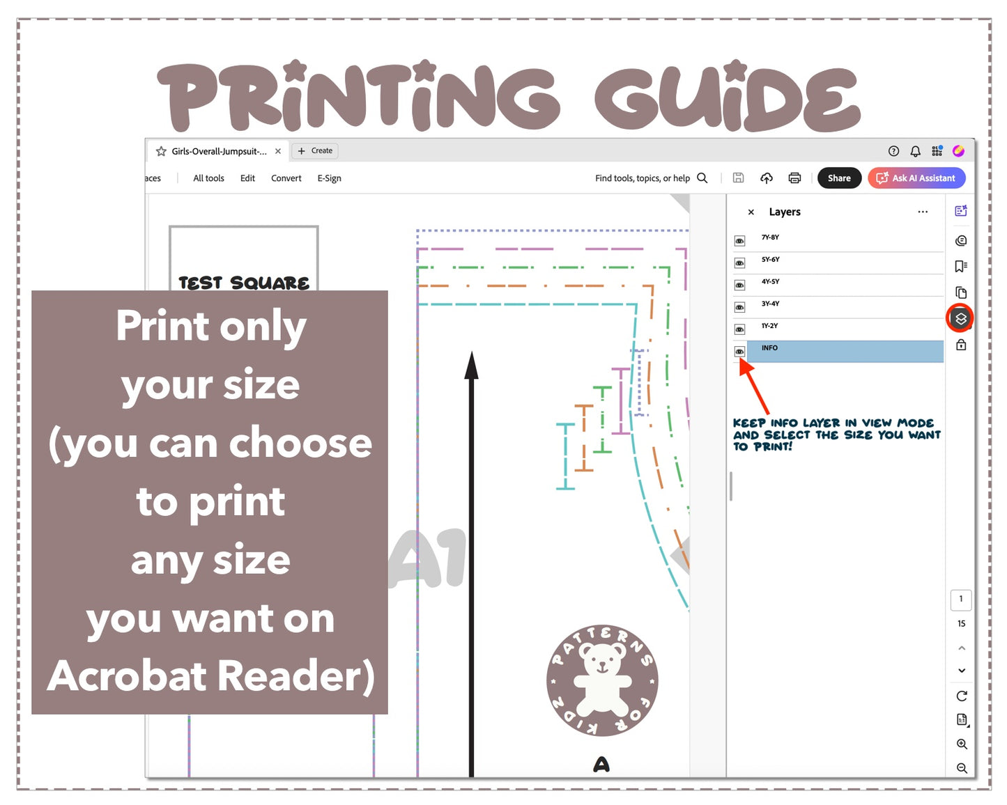 Girls Overall Jumpsuit sewing pattern printing guide.