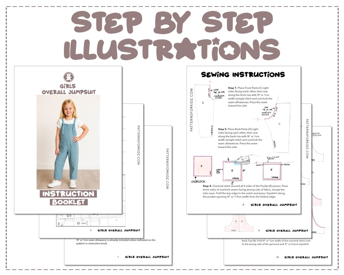 Girls Overall Jumpsuit sewing pattern step by step illustrations.