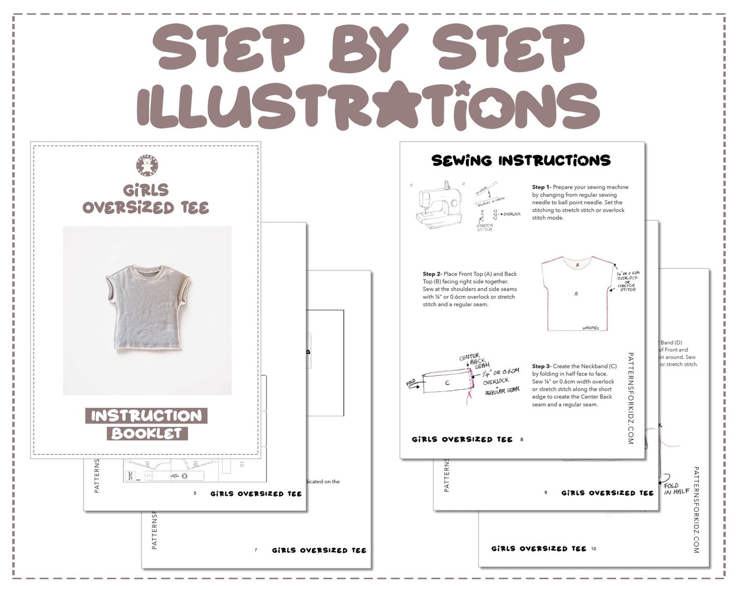 Girls Oversized Tee sewing pattern step by step illustrations.