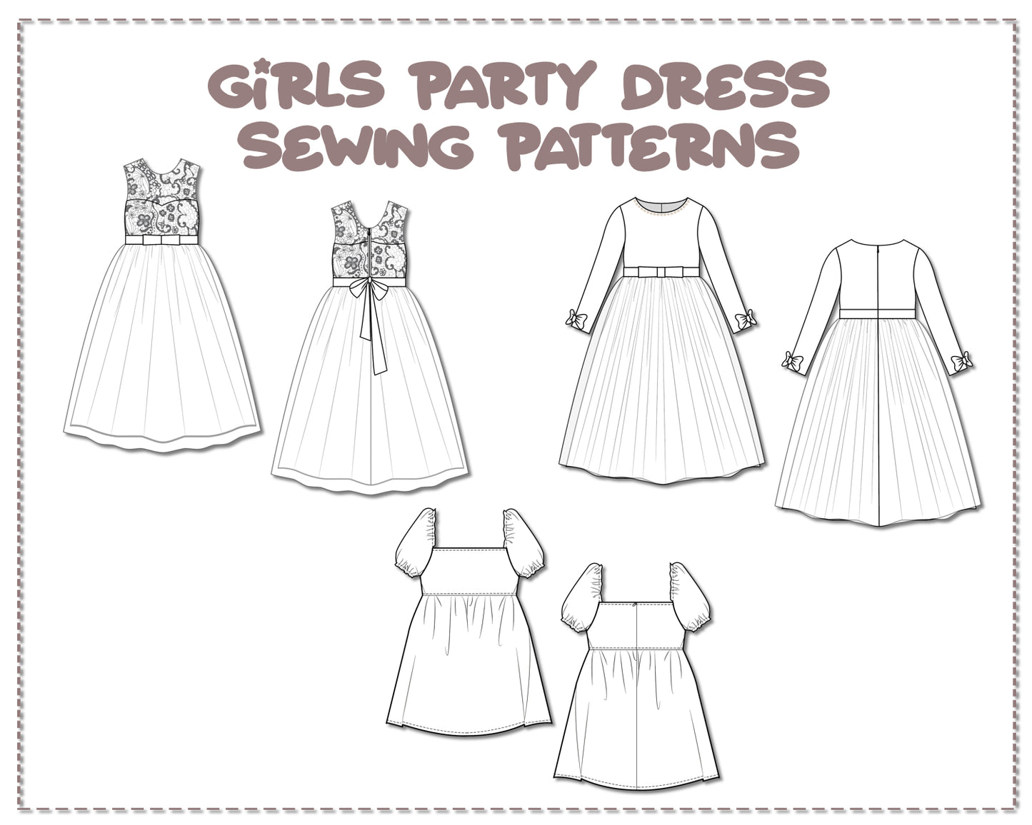 Illustration and detailed description for Girls Party Dress sewing pattern.