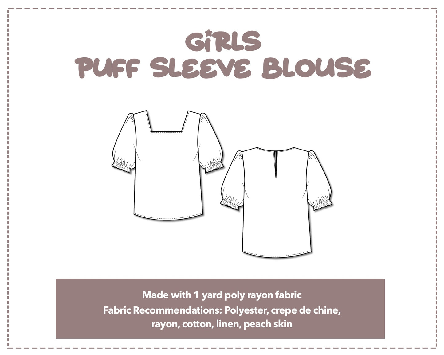 Illustration and detailed description for Girls Puff Sleeve Blouse sewing pattern.