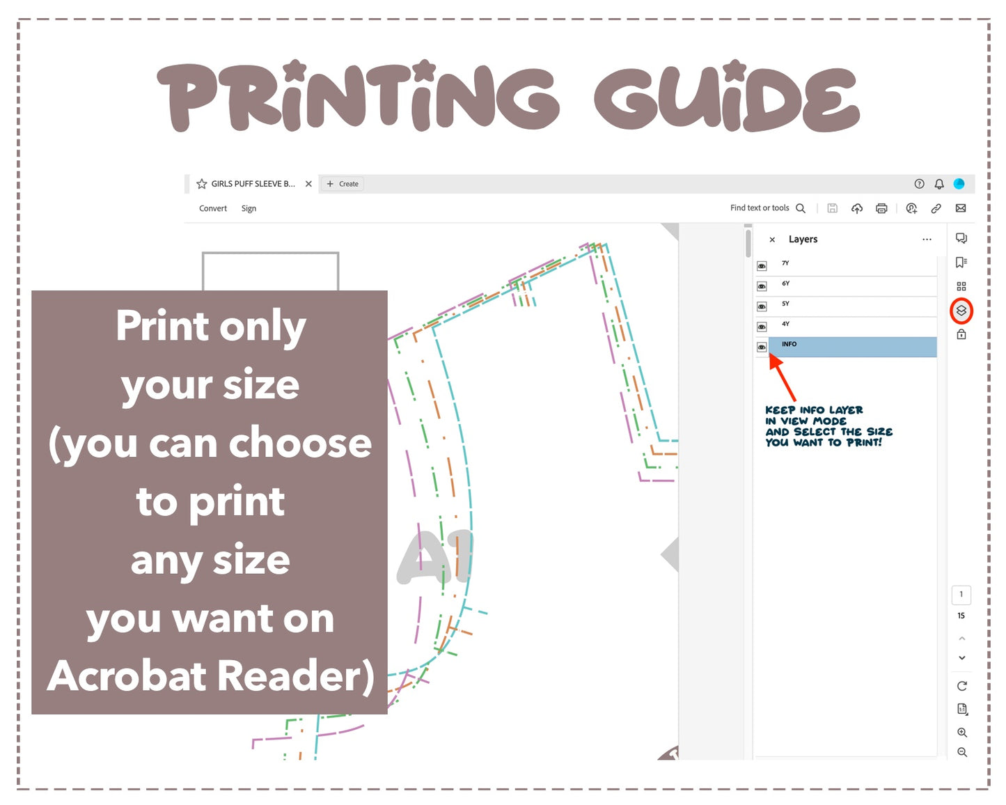 Girls Puff Sleeve Blouse sewing pattern printing guide.