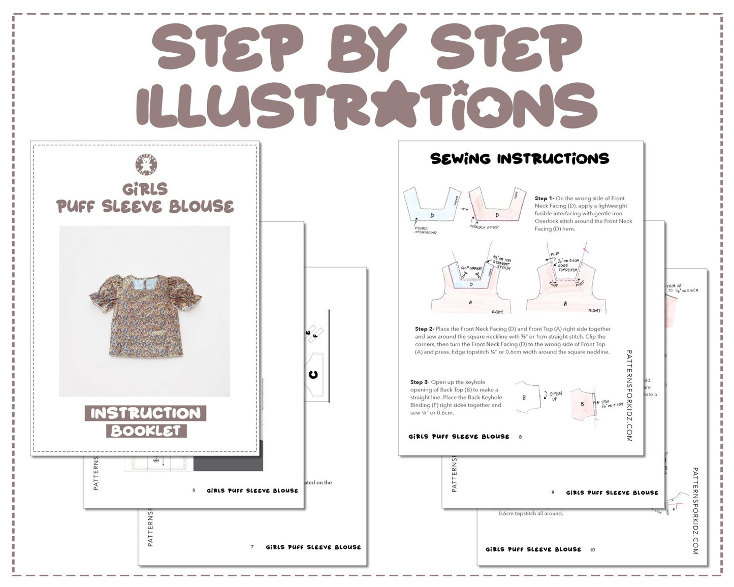 Girls Puff Sleeve Blouse sewing pattern step by step illustrations.