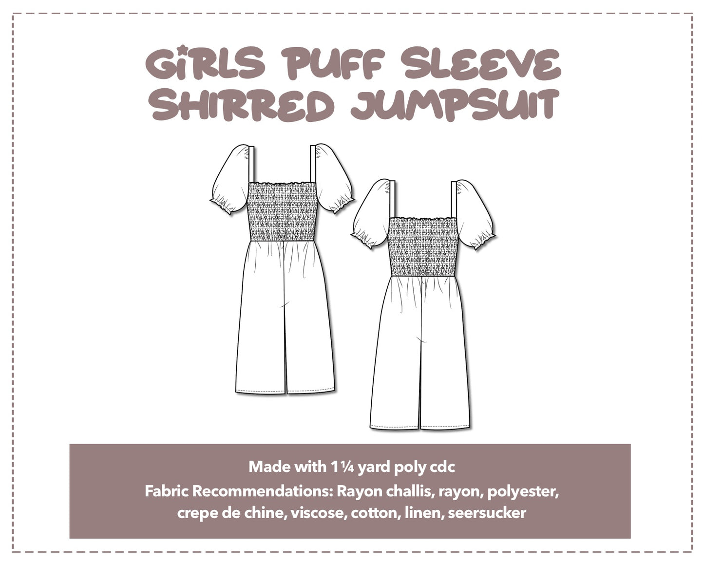 Illustration and detailed description for Girls Puff Sleeve Shirred Jumpsuit sewing pattern.