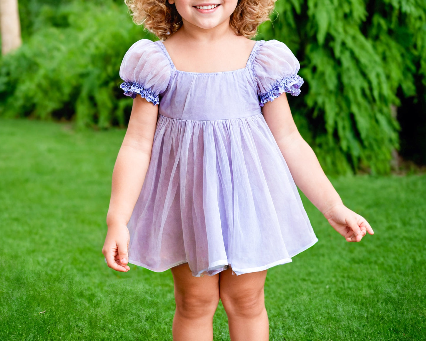Front view of Girls Puff Sleeve Square Neck Dress.