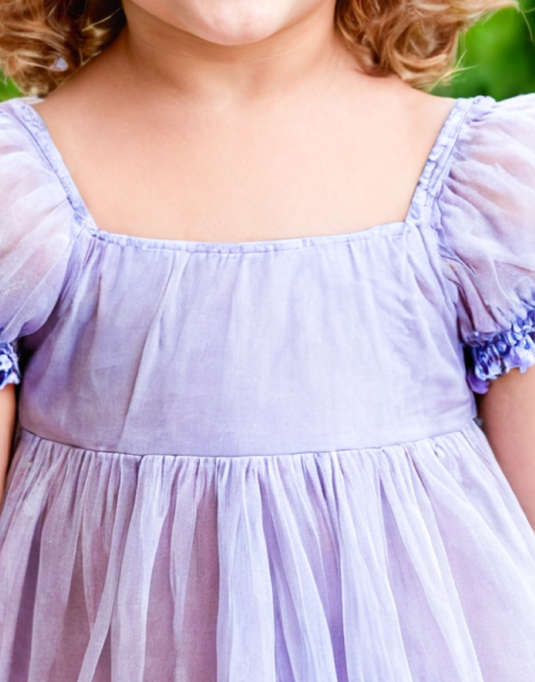 Neckline closeup of Girls Puff Sleeve Square Neck Dress.