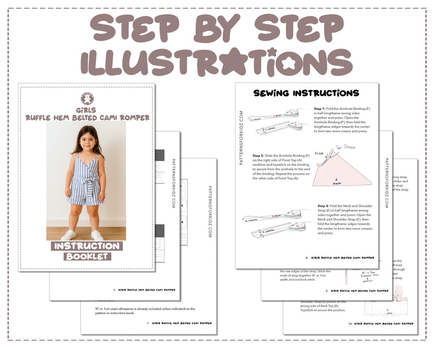 Girls Ruffle Hem Belted Cami Romper sewing pattern instruction booklet showing step by step illustrations to make the garment.