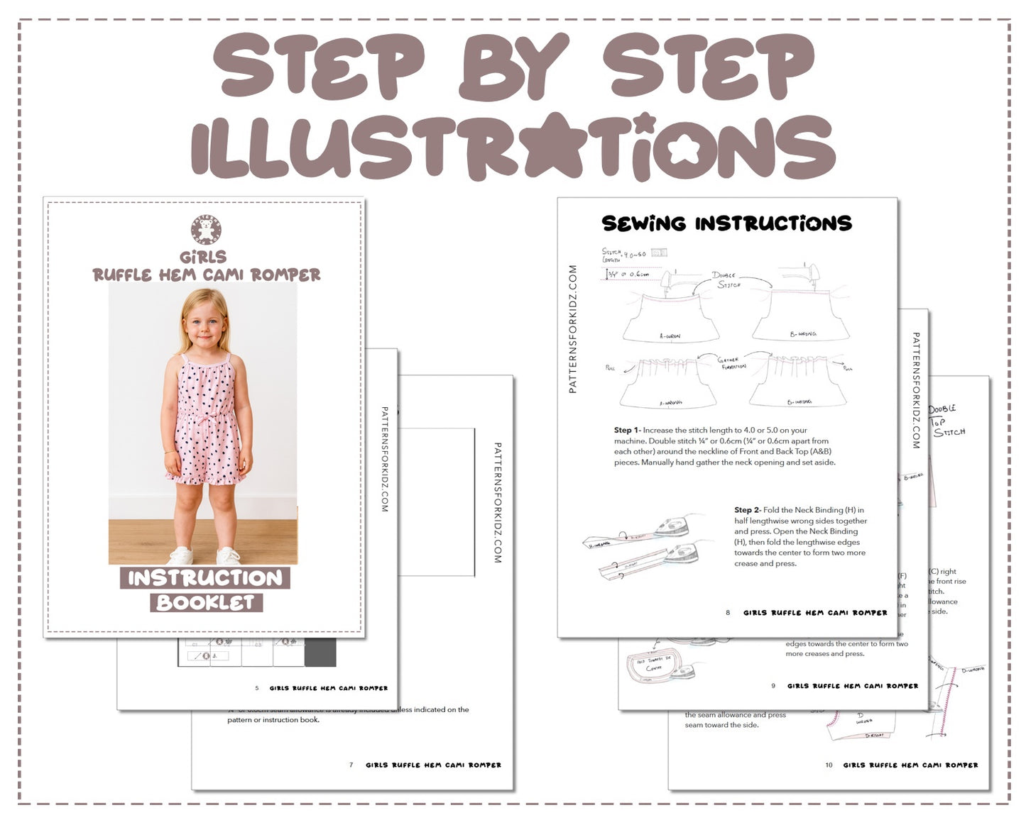 Girls Ruffle Hem Cami Romper sewing pattern instruction booklet showing step by step illustrations to make the garment.