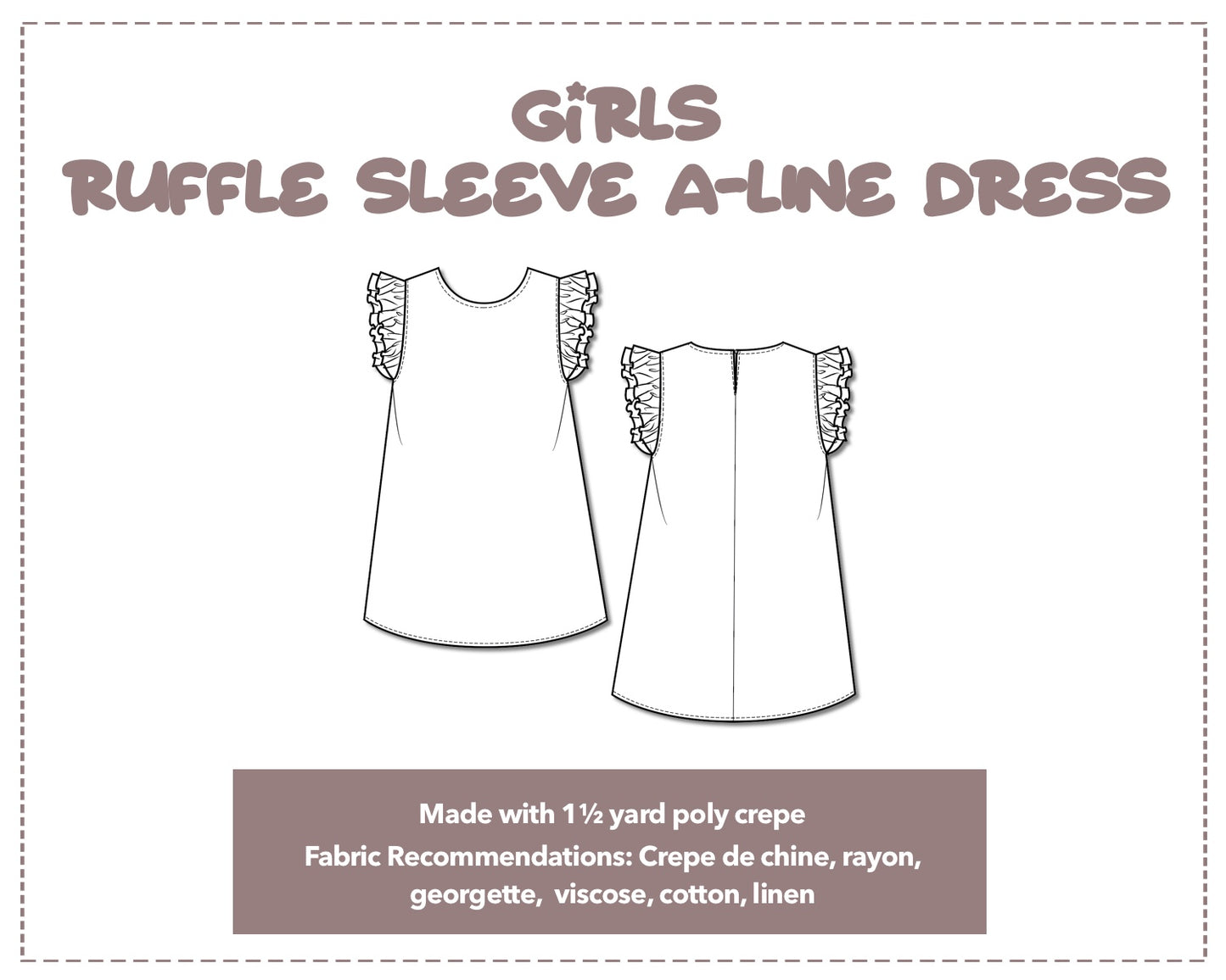 Illustration and detailed description for Girls Ruffle Sleeve A-Line Dress sewing pattern.