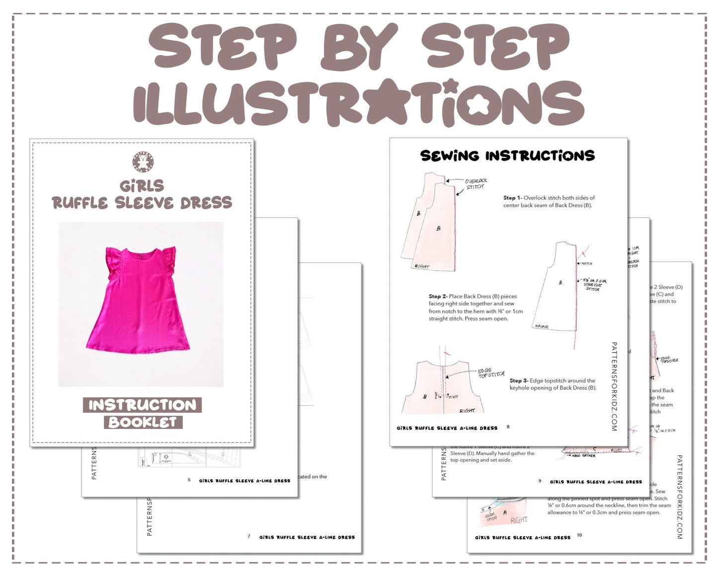 Girls Ruffle Sleeve A-Line Dress sewing pattern step by step illustrations.