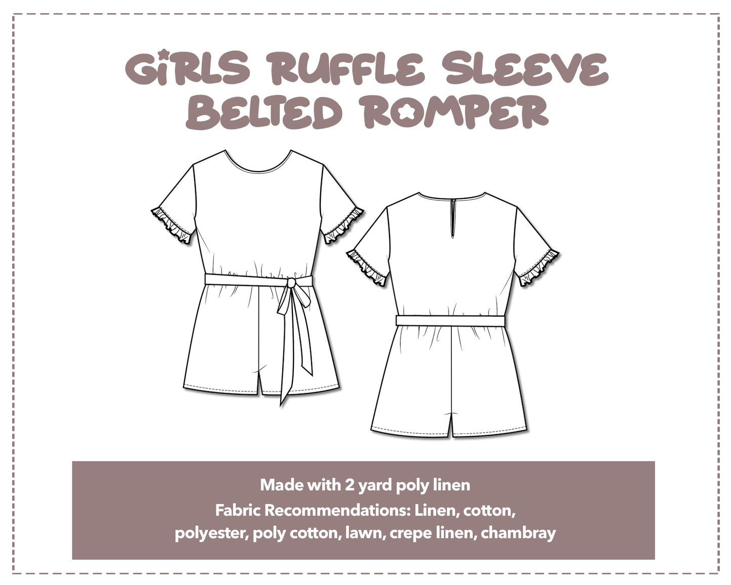 Illustration and detailed description for Girls Ruffle Sleeve Belted Romper sewing pattern.