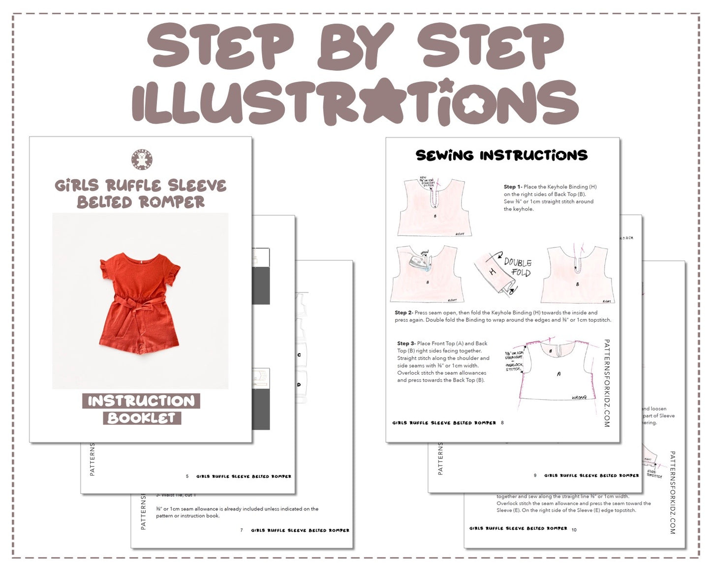 Girls Ruffle Sleeve Belted Romper sewing pattern step by step illustrations.