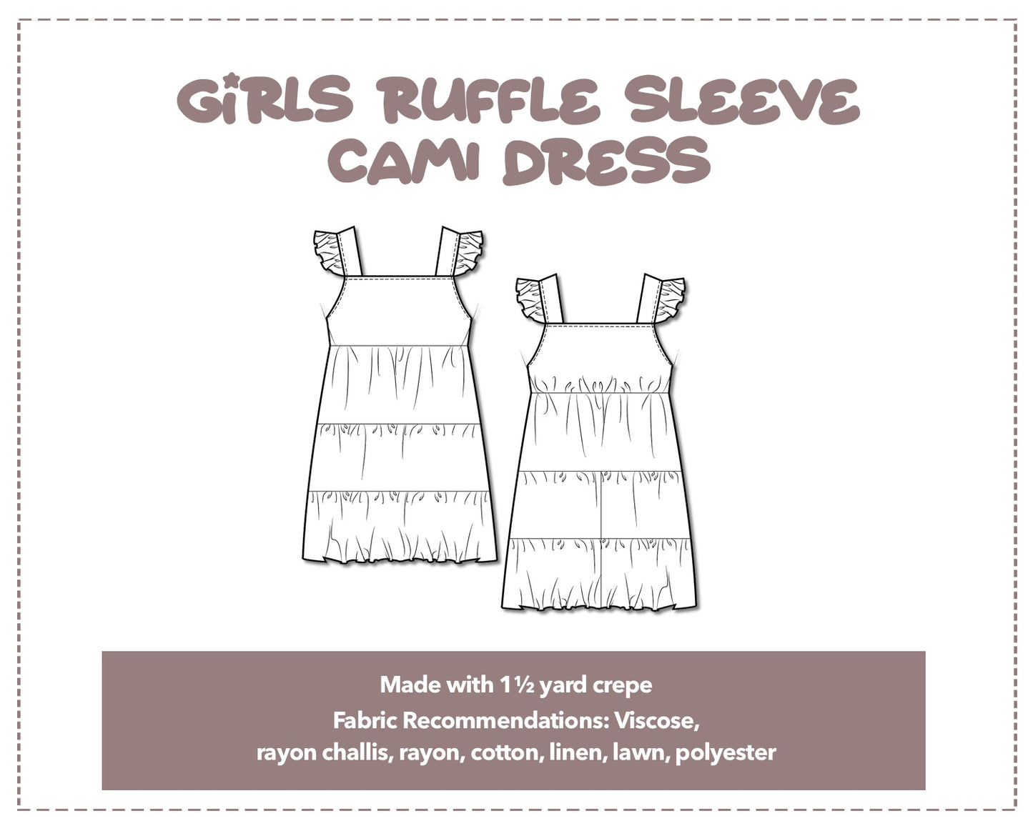 Illustration and detailed description for Girls Ruffle Sleeve Cami Dress sewing pattern.