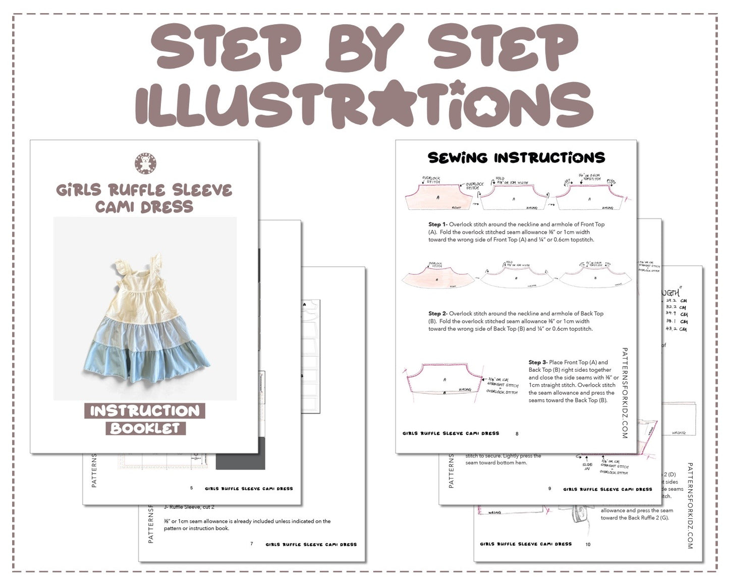 Girls Ruffle Sleeve Cami Dress sewing pattern step by step illustrations.
