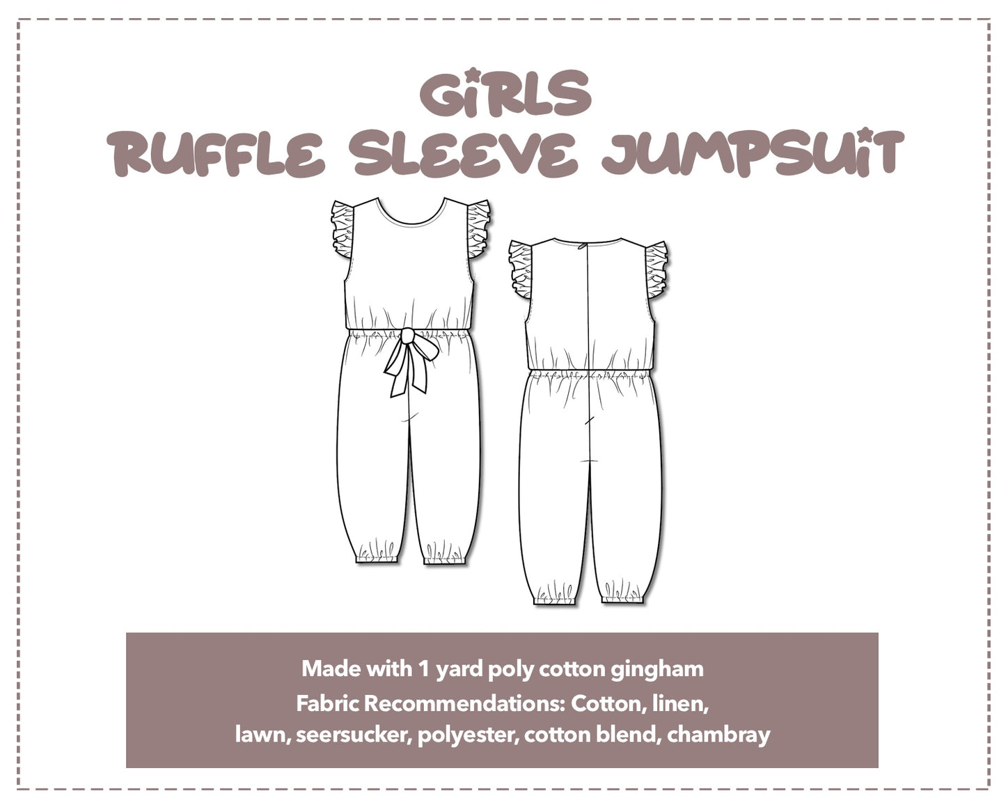 Illustration and detailed description for Girls Ruffle Sleeve Jumpsuit sewing pattern.