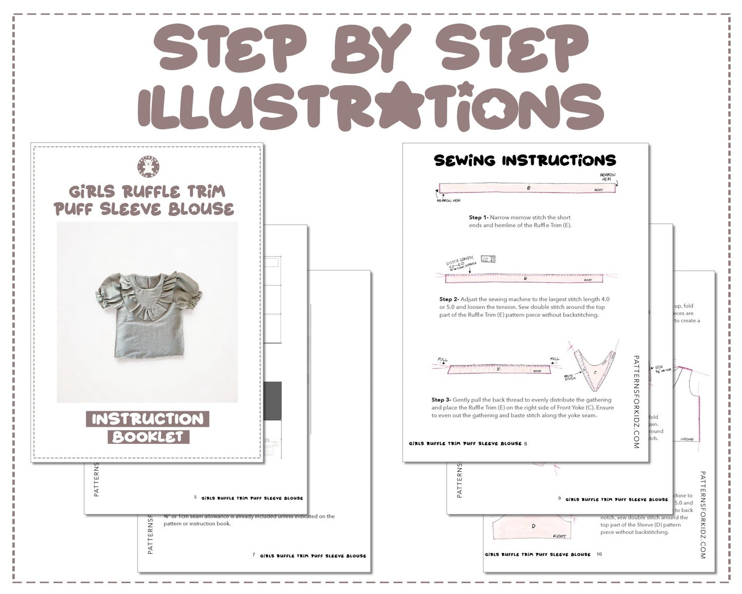 Ruffle Trim Puff Sleeve Blouse sewing pattern step by step illustrations.