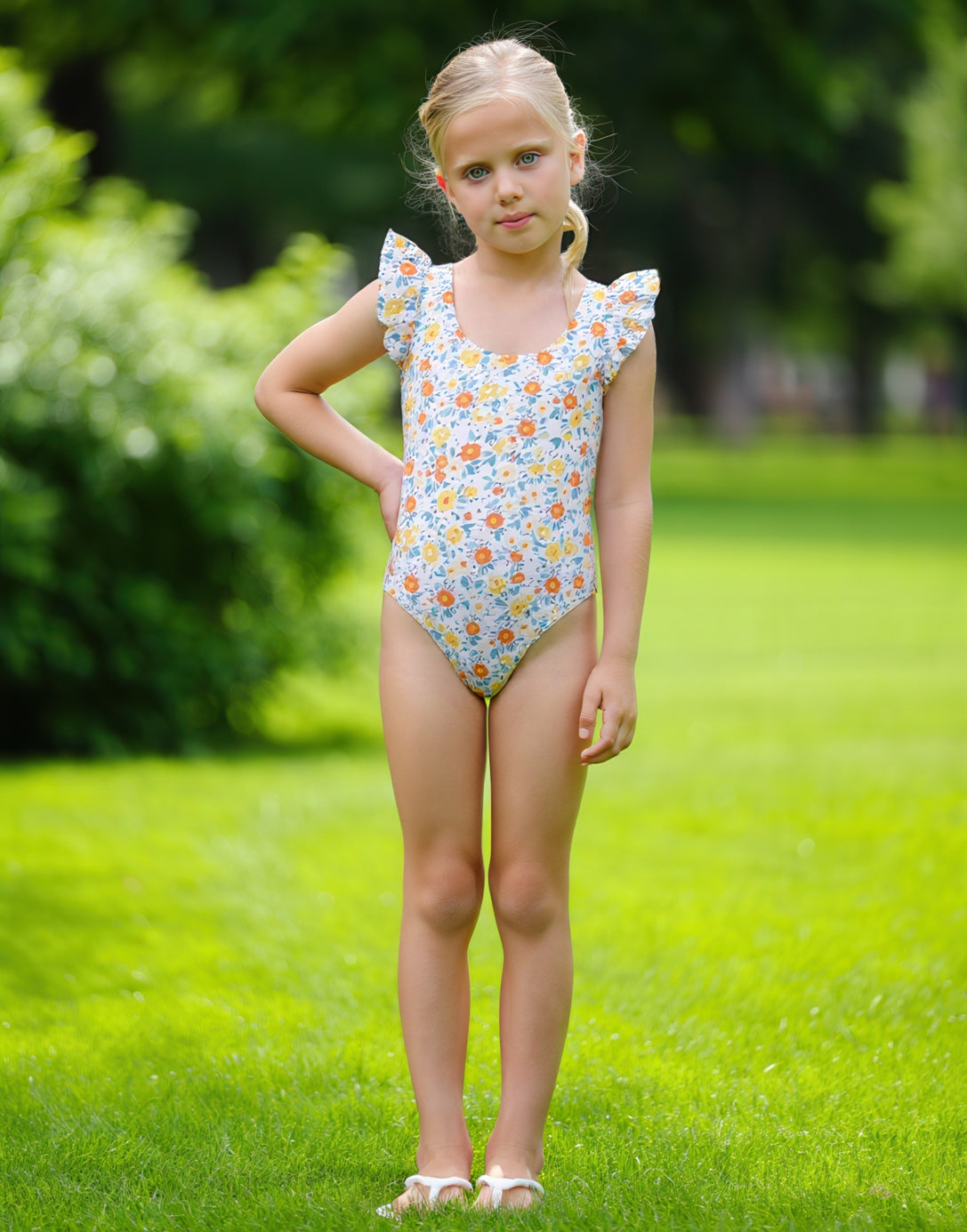 Front view of Girls Ruffled Sleeve One Piece Swimsuit.