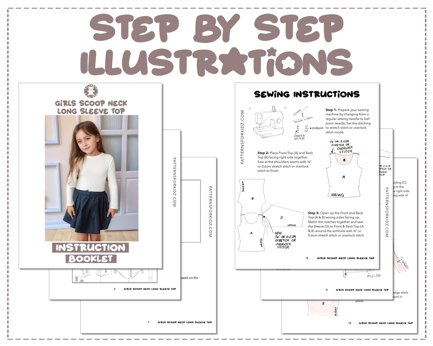 Girls Scoop Neck Long Sleeve Top sewing pattern step by step illustrations.