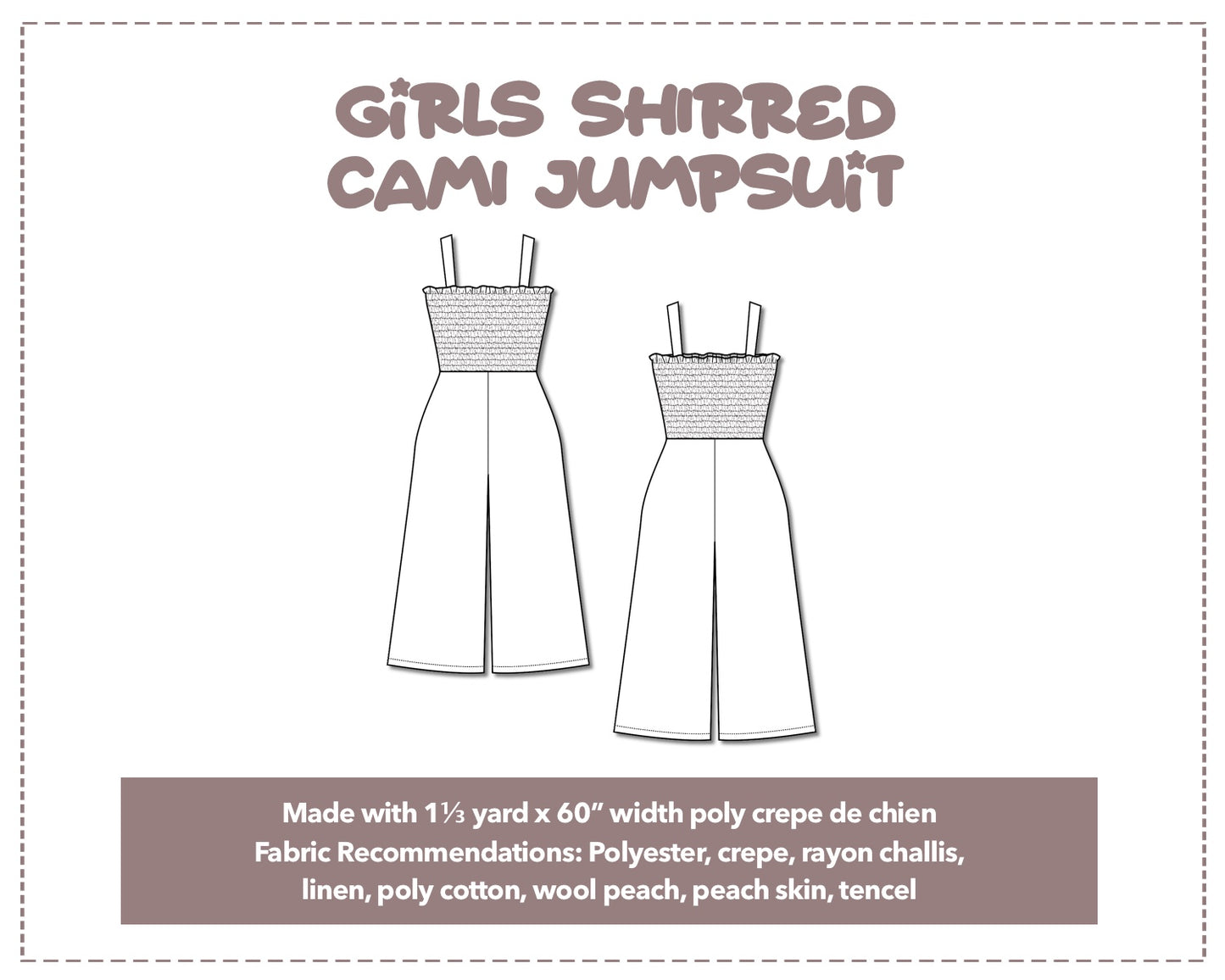 Illustration and detailed description for Girls Shirred Cami Jumpsuit sewing pattern.