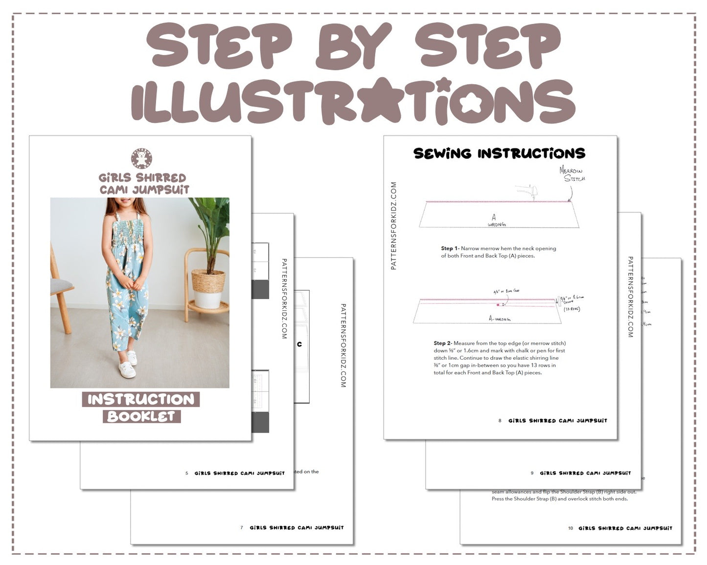 Girls Shirred Cami Jumpsuit sewing pattern step by step illustrations.