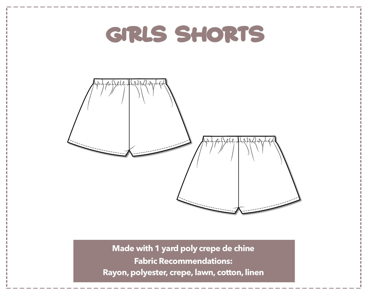 Illustration and detailed description for Girls Shorts sewing pattern.