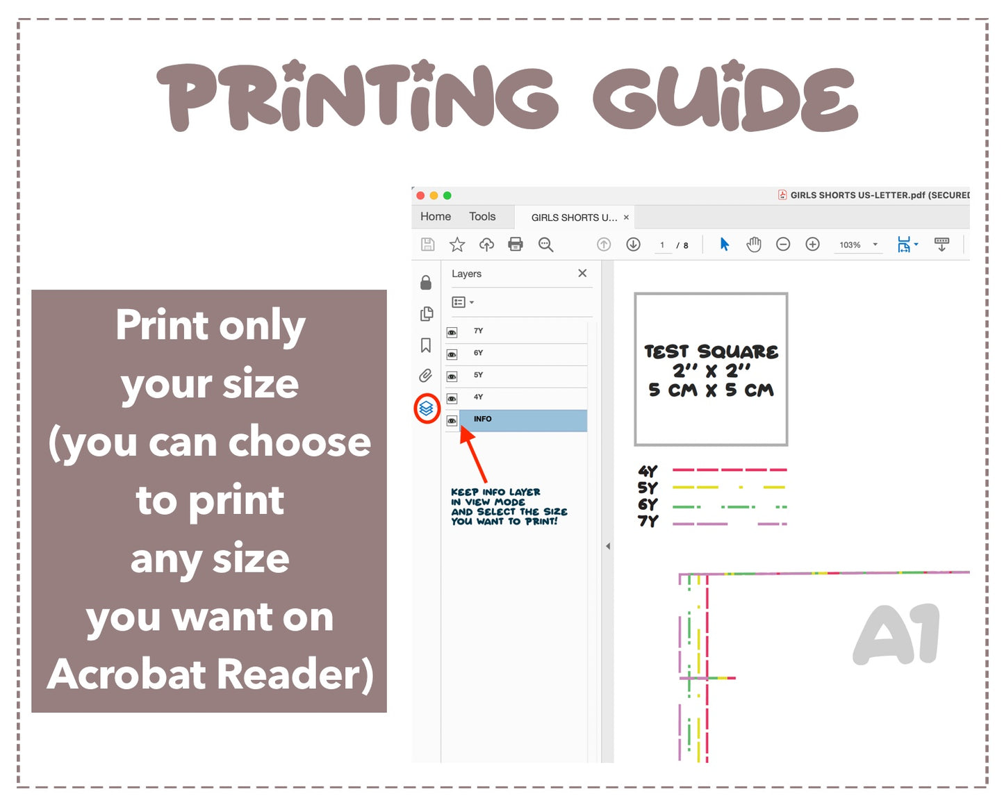 Girls Shorts sewing pattern printing guide.