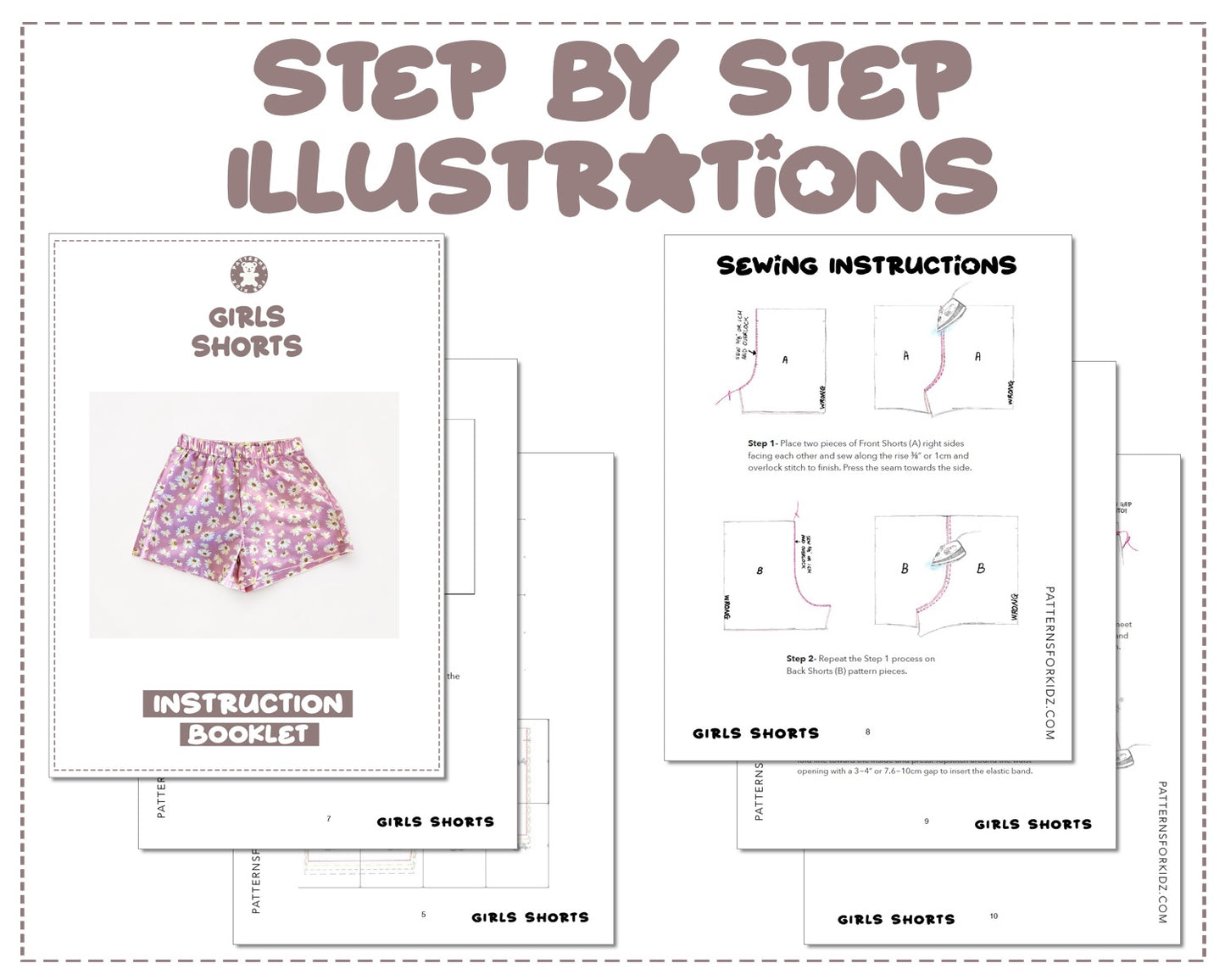 Girls Shorts sewing pattern step by step illustrations.