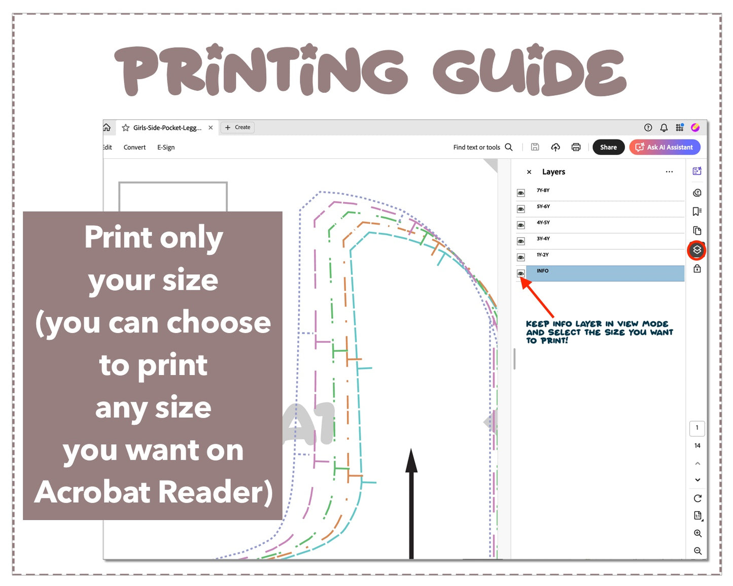Girls Side Pocket Leggings sewing pattern printing guide.
