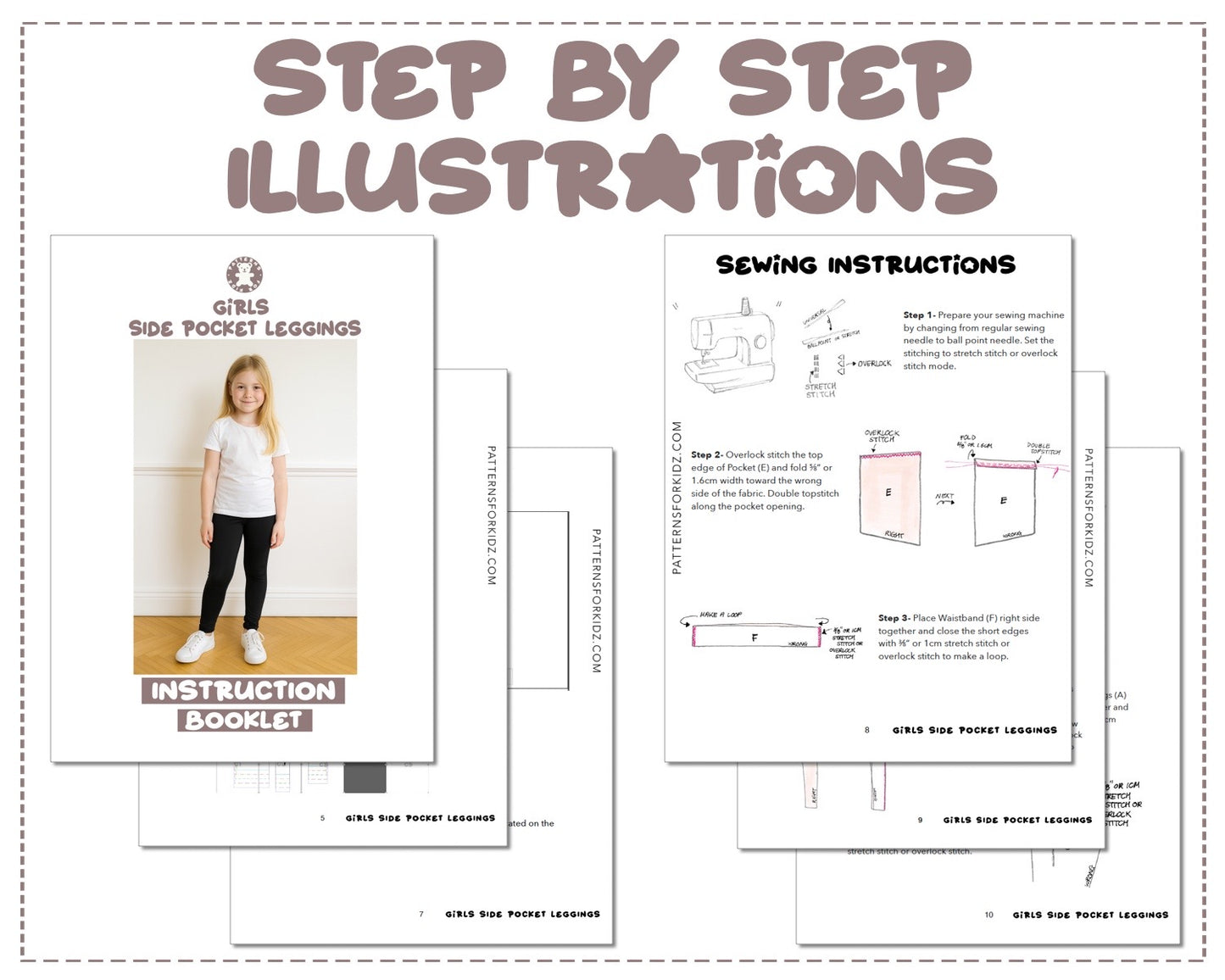 Girls Side Pocket Leggings sewing pattern step by step illustrations.