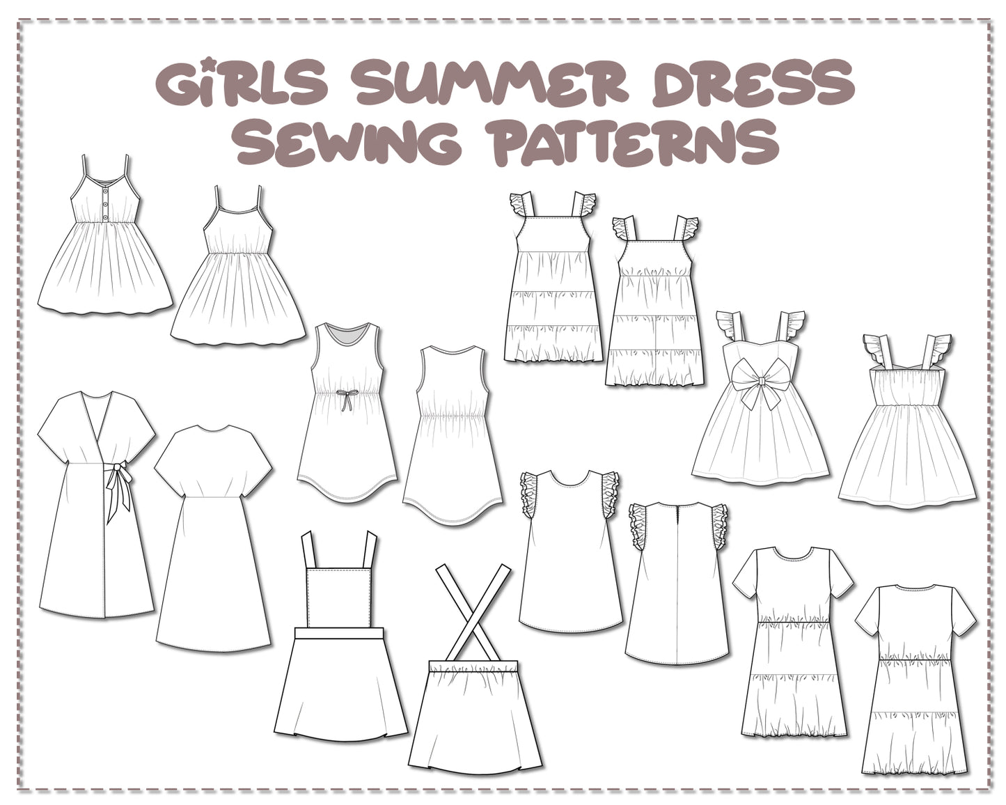 Illustration and detailed description for Girls Summer Dress sewing pattern.