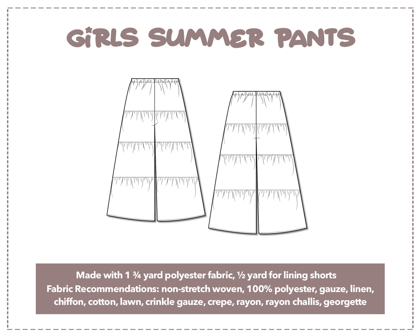 Illustration and detailed description for Girls Summer Pants sewing pattern.