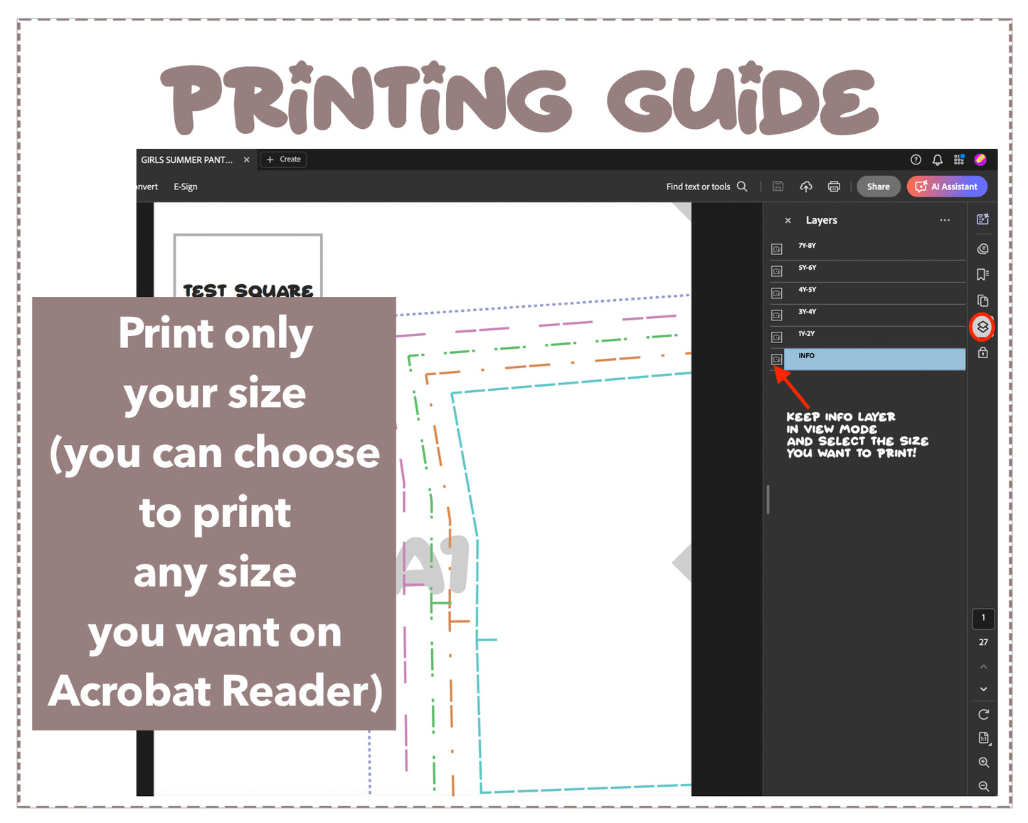 Girls Summer Pants sewing pattern printing guide.