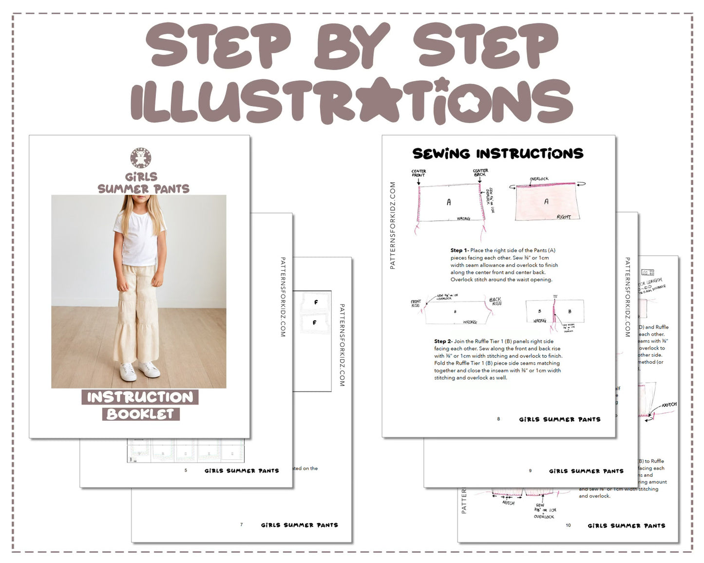 Girls Summer Pants sewing pattern step by step illustrations.