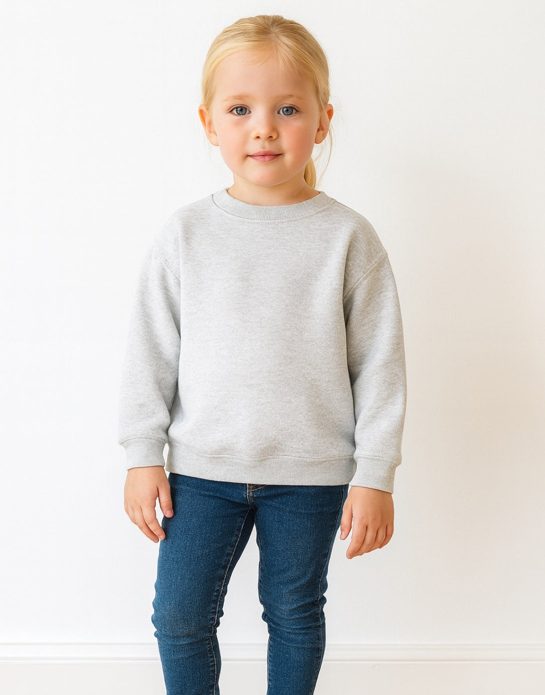 Child wearing a gray sweatshirt and blue jeans on a white background