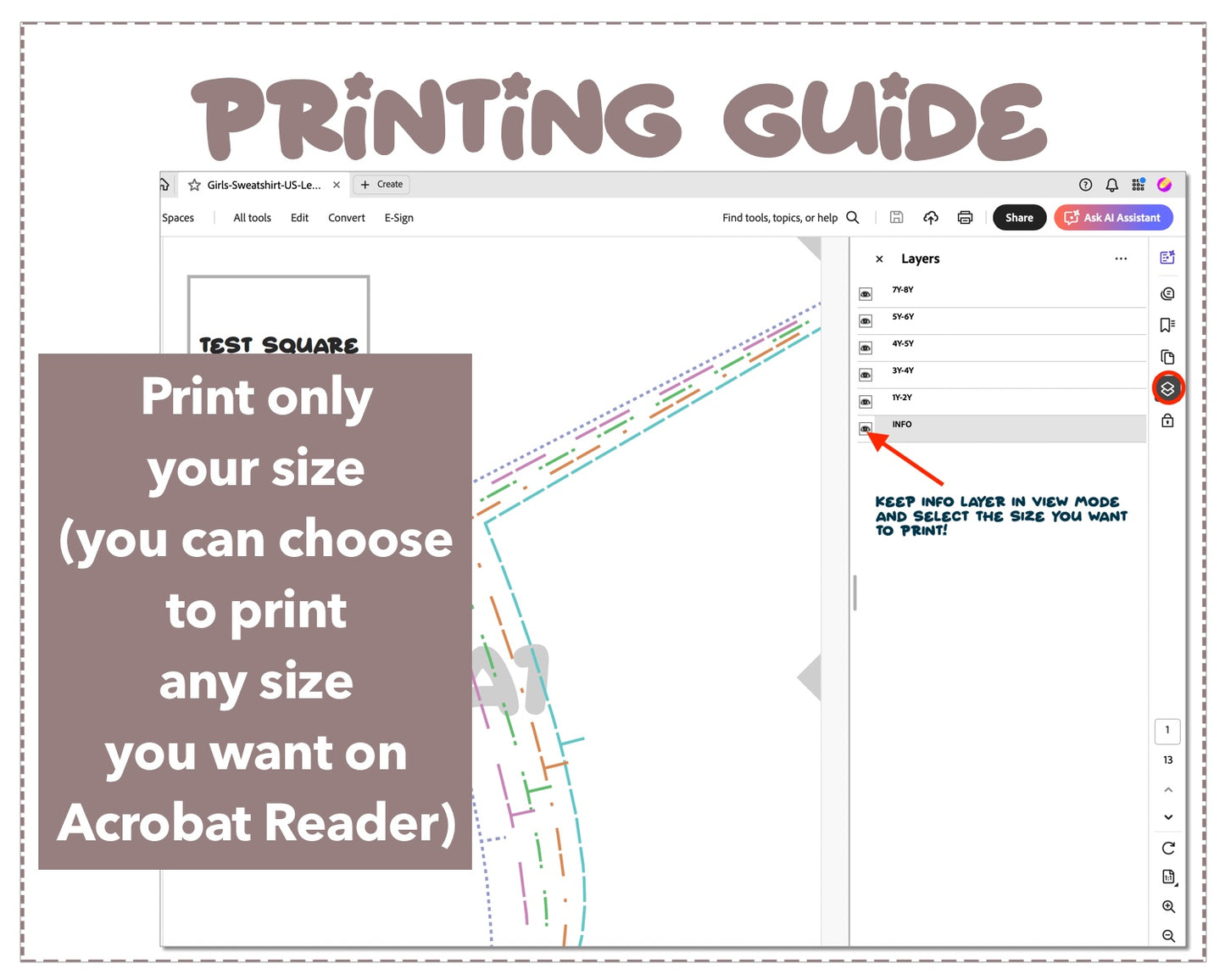 Girls Sweatshirt sewing pattern printing guide.