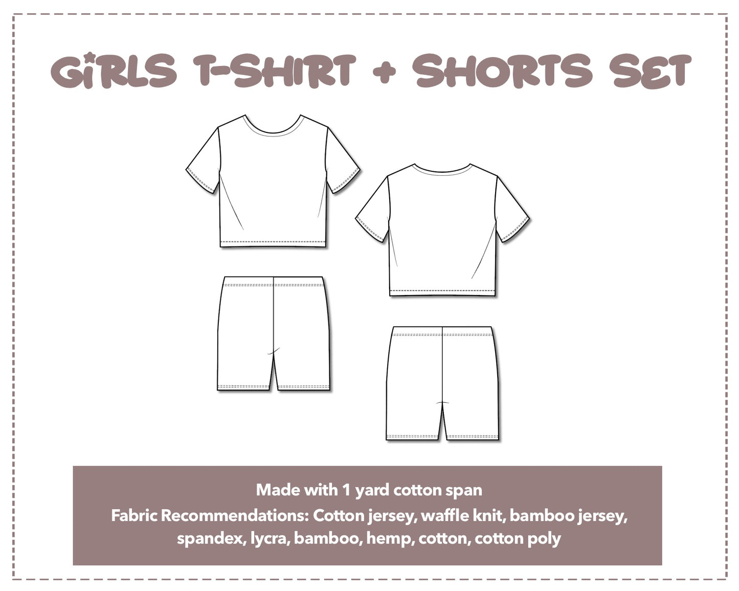 Illustration and detailed description for Girls T-Shirt and Biker Shorts Set sewing pattern.