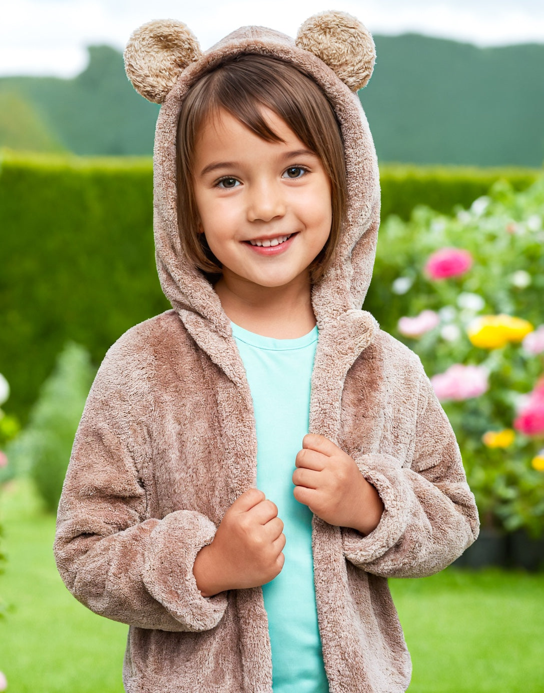Front view of Girls Teddy Ear Hooded Jacket.
