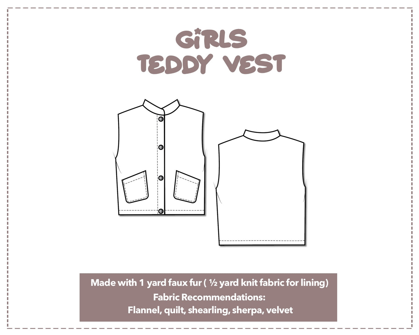 Illustration and detailed description for Girls Teddy Vest sewing pattern.