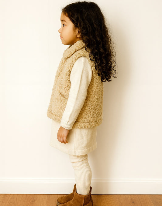 Side view of child wearing a beige fleece Teddy Vest over a white outfit against a plain background.