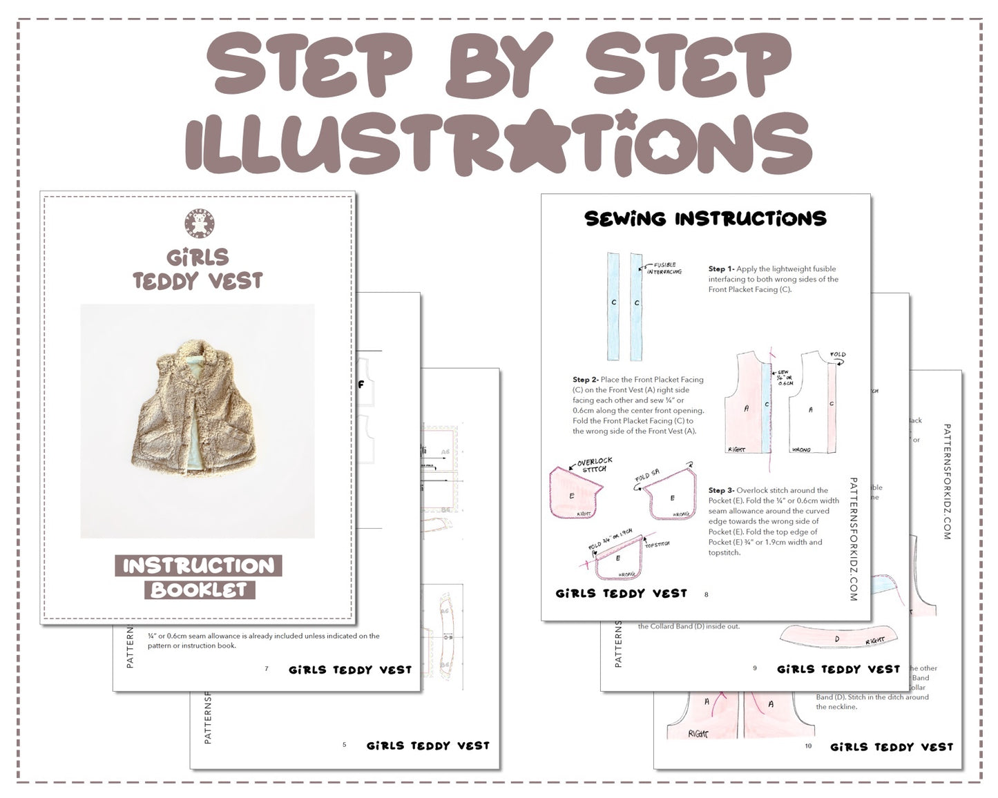 Girls Teddy Vest sewing pattern step by step illustrations.