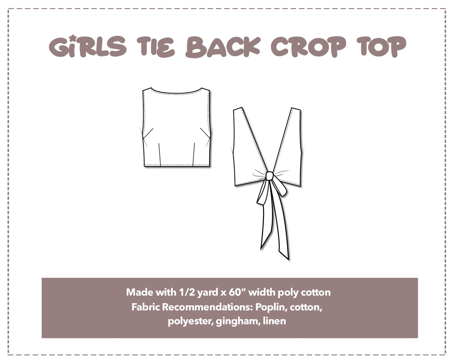 Illustration and detailed description for Girls Tie Back Crop Top sewing pattern.