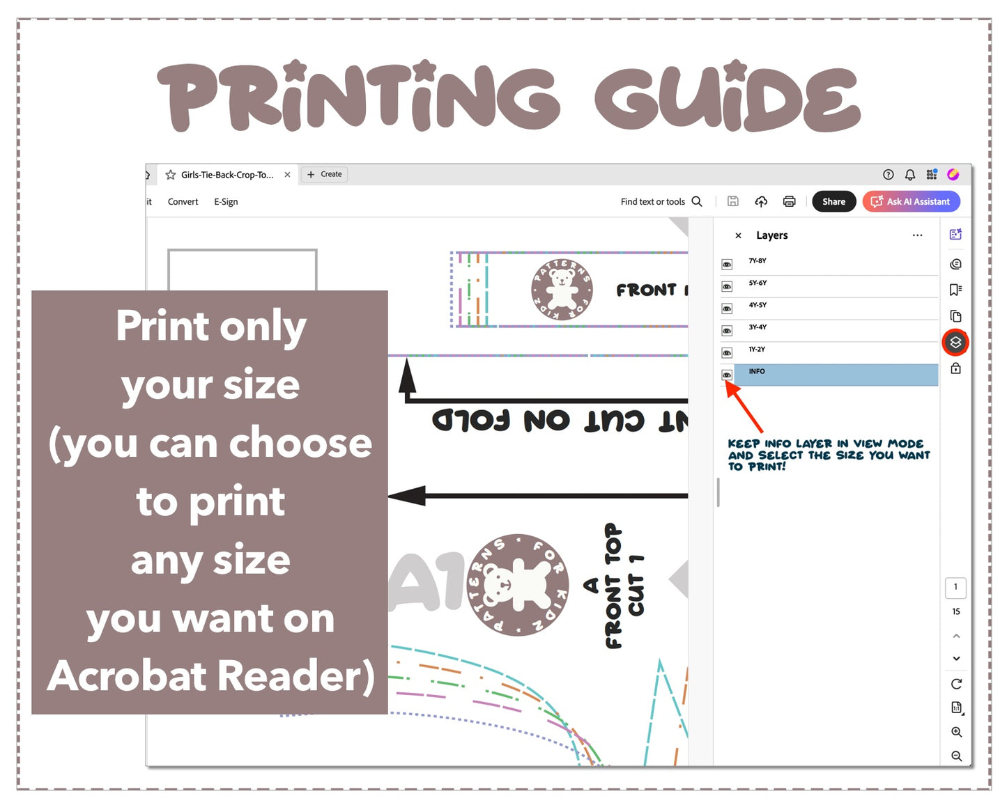 Girls Tie Back Crop Top sewing pattern printing guide.