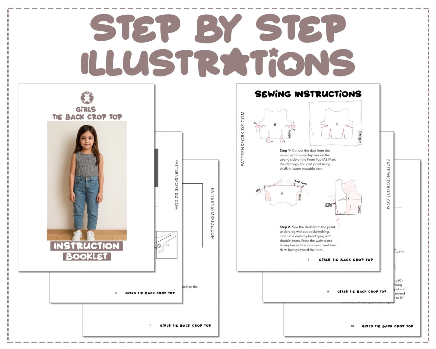 Girls Tie Back Crop Top sewing pattern step by step illustrations.