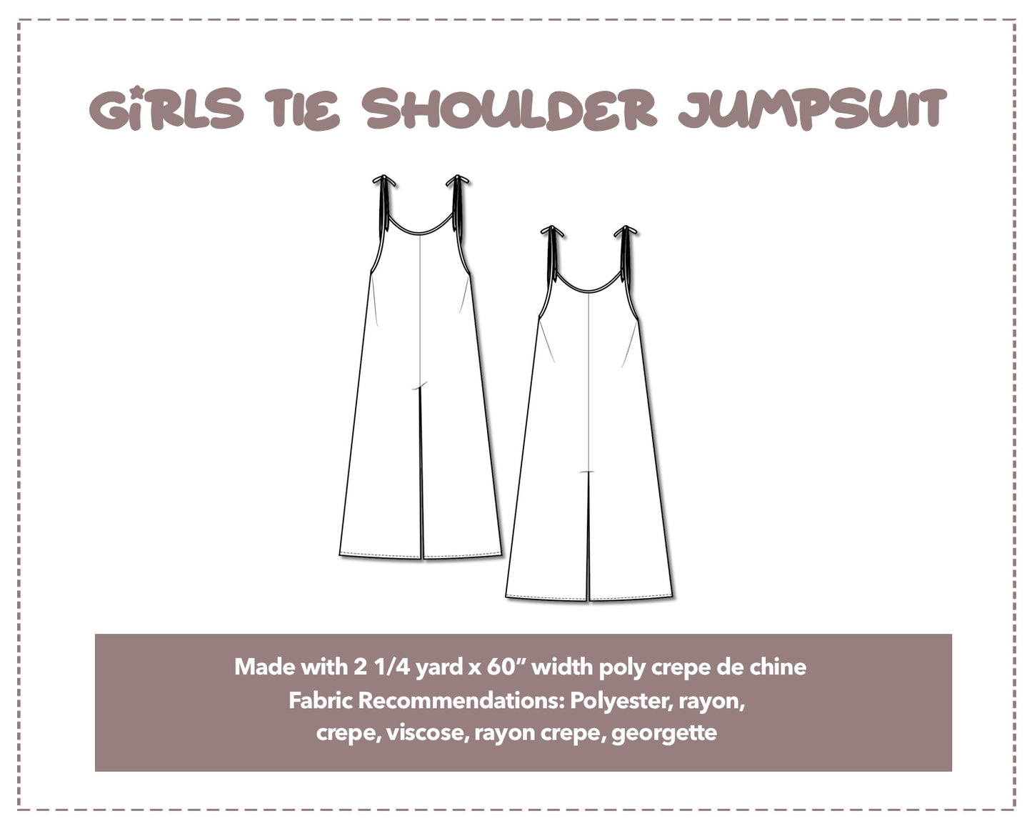 Illustration and detailed description for Girls Tie Shoulder Jumpsuit sewing pattern.