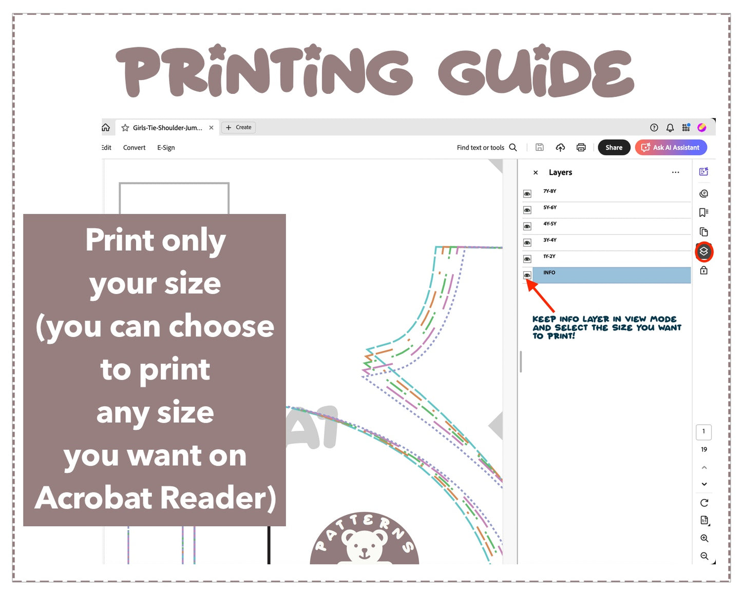 Girls Tie Shoulder Jumpsuit sewing pattern printing guide.
